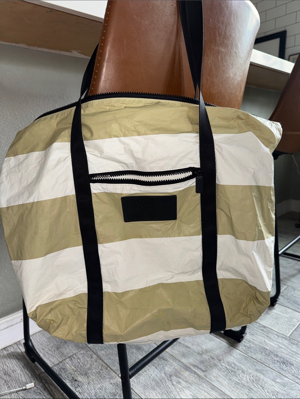 ALOHA Olive & White Striped Tote with Black Handles